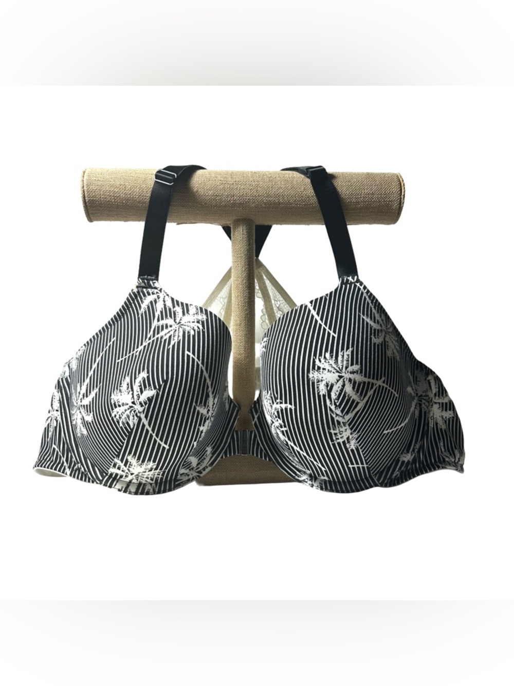 Cacique Lightly Lined T-Shirt Bra Front Close Racerback Black White Palm Tree